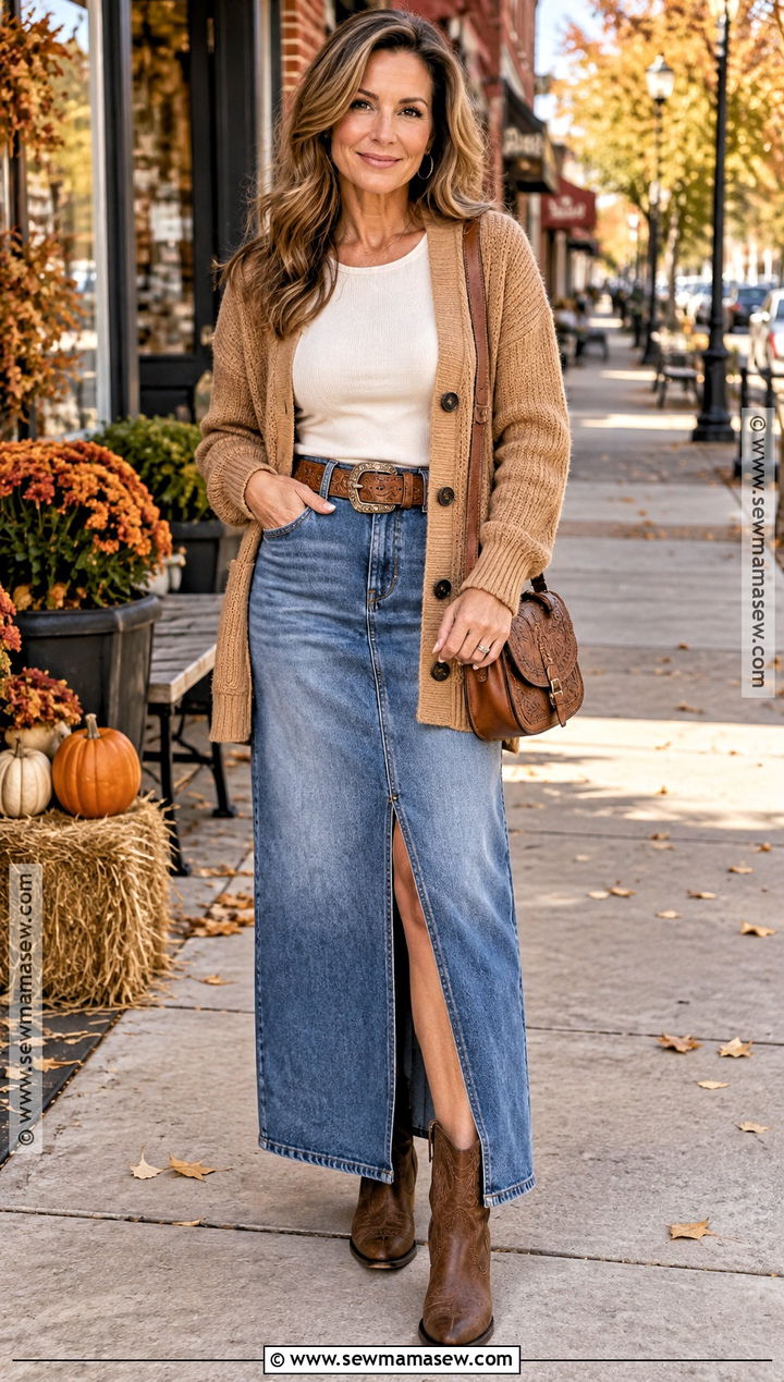 Country Fall Outfit With Cardigan And Denim Maxi Skirt - 20 Fall Outfits Country