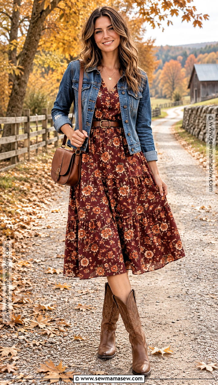 Country Fall Outfit With Floral Midi Dress And Boots - 20 Fall Outfits Country