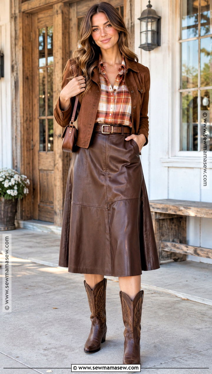 Country Fall Outfit With Leather Skirt And Plaid Shirt - 20 Fall Outfits Country