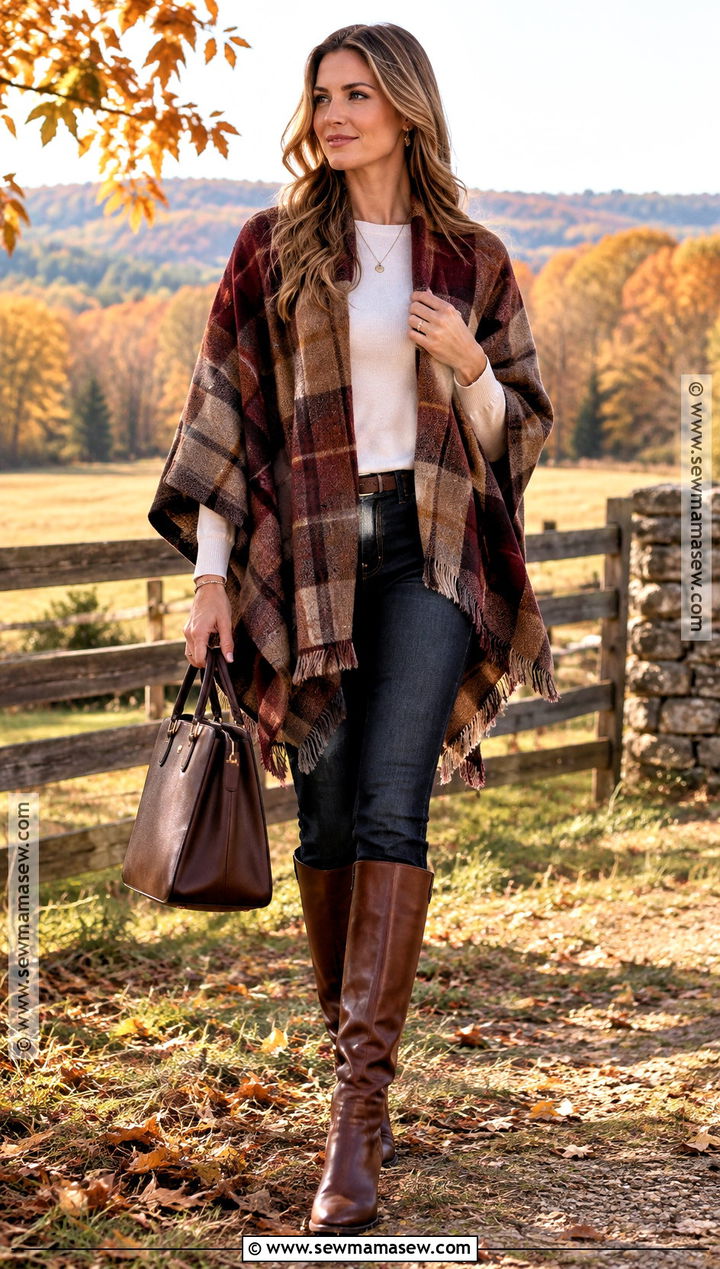 Country Fall Outfit With Poncho And Skinny Jeans - 20 Fall Outfits Country