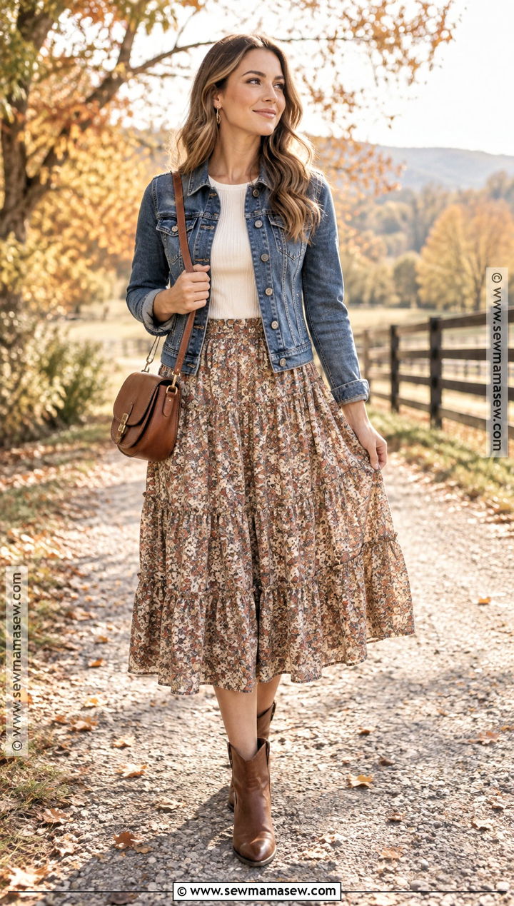 Country Fall Outfit With Prairie Skirt And Denim Jacket - 20 Fall Outfits Country