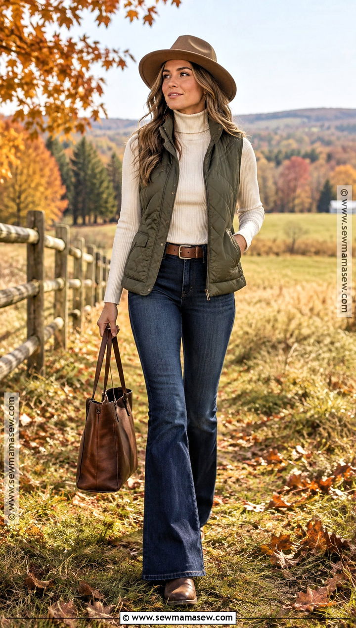 Country Fall Outfit With Quilted Vest And Flare Jeans - 20 Fall Outfits Country