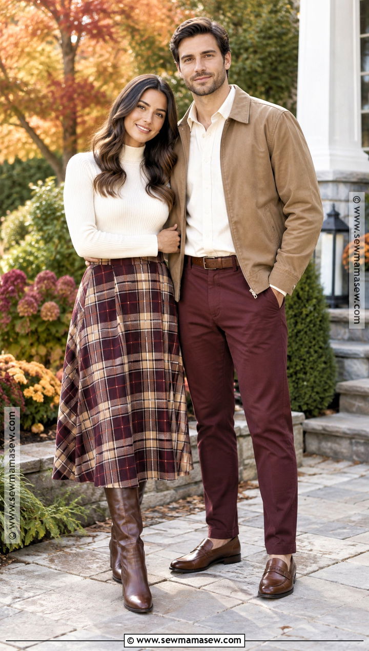 Couple Autumn Outfit With Plaid Skirt And Chinos - 20 couple autumn outfit ideas