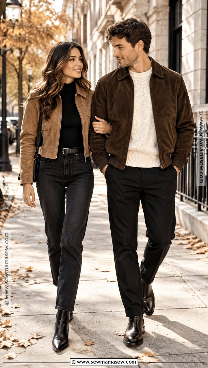 Couple Autumn Outfit With Suede Jackets - 20 couple autumn outfit ideas