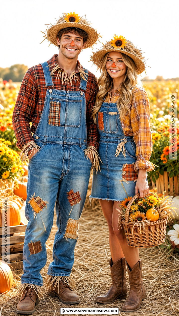 Couple Scarecrow Outfit With Matching Plaid - 30 scarecrow outfit ideas