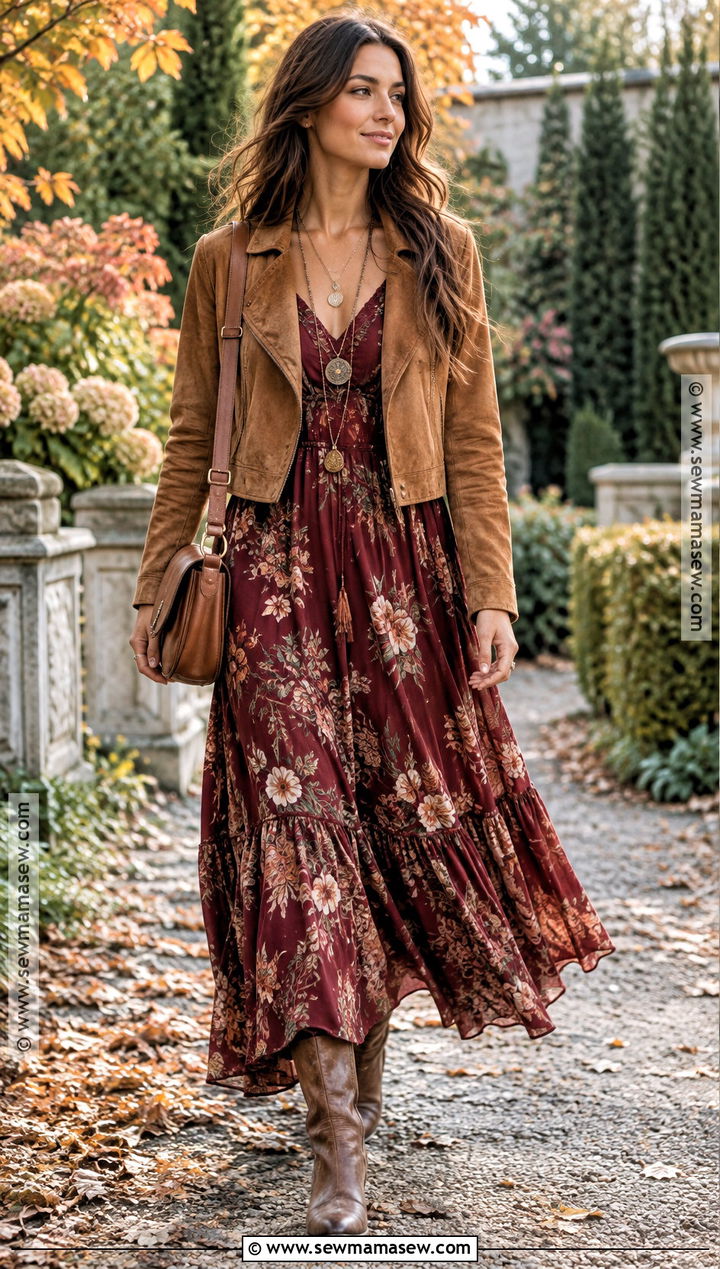 Cowboy Boots With A Boho Maxi Dress And Suede Jacket - 25 cowboy boots fall outfit