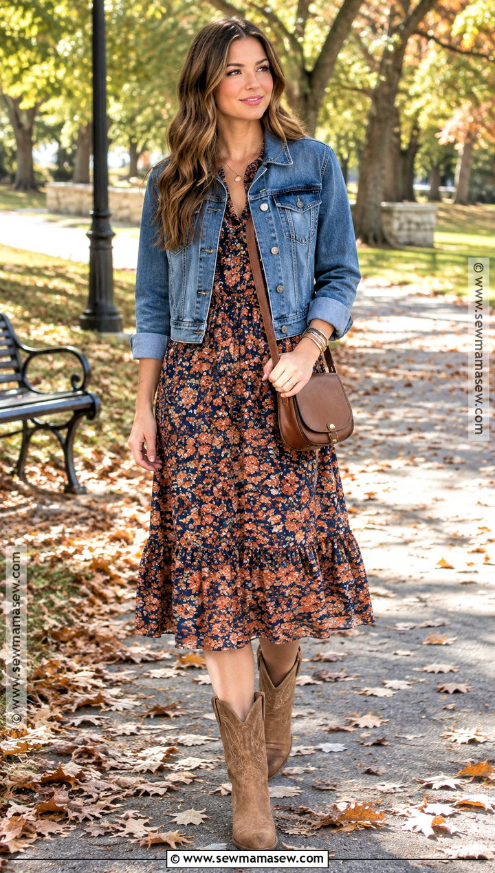 Cowboy Boots With A Floral Midi Dress And Denim Jacket - 25 cowboy boots fall outfit