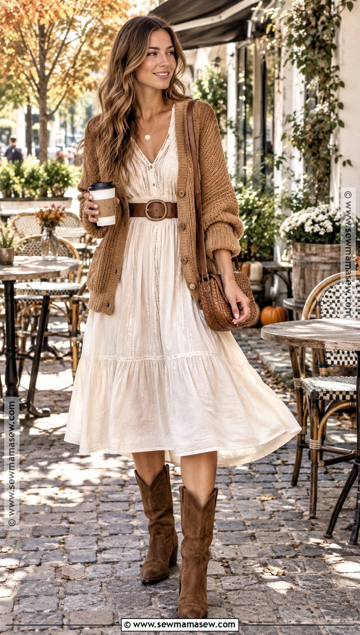 Cowboy Boots With A White Dress And Chunky Cardigan - 25 cowboy boots fall outfit