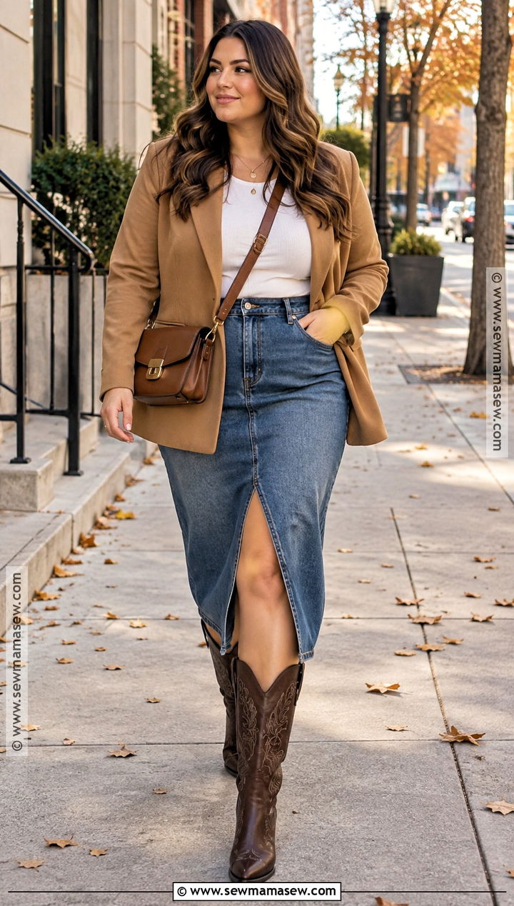 Cowboy Boots With Denim Midi Skirt And Blazer - 25 boots outfit fall