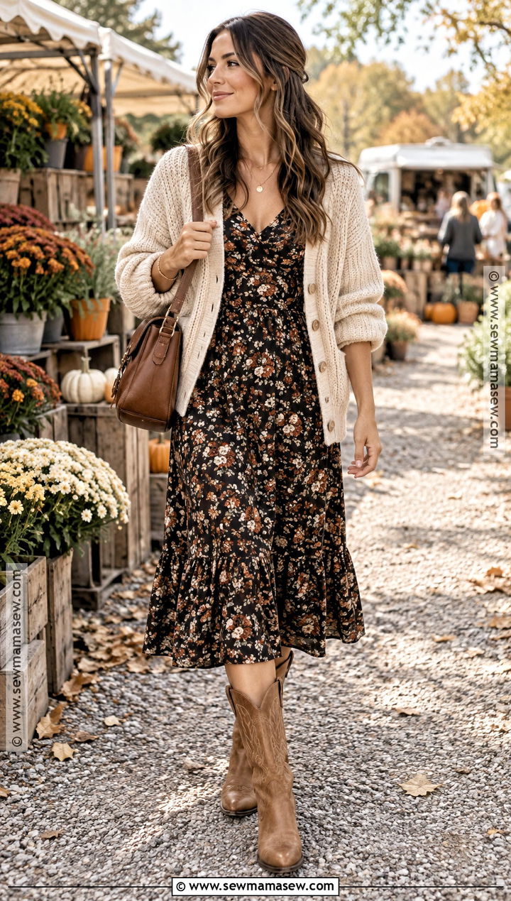 Cowboy Boots With Floral Midi Dress And Cardigan - 25 fall boots outfit