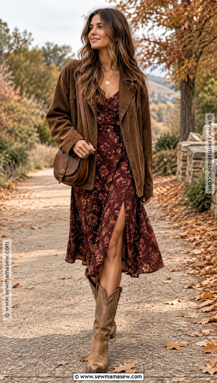 Cowboy Boots With Floral Midi Dress - 25 fall boots aesthetic