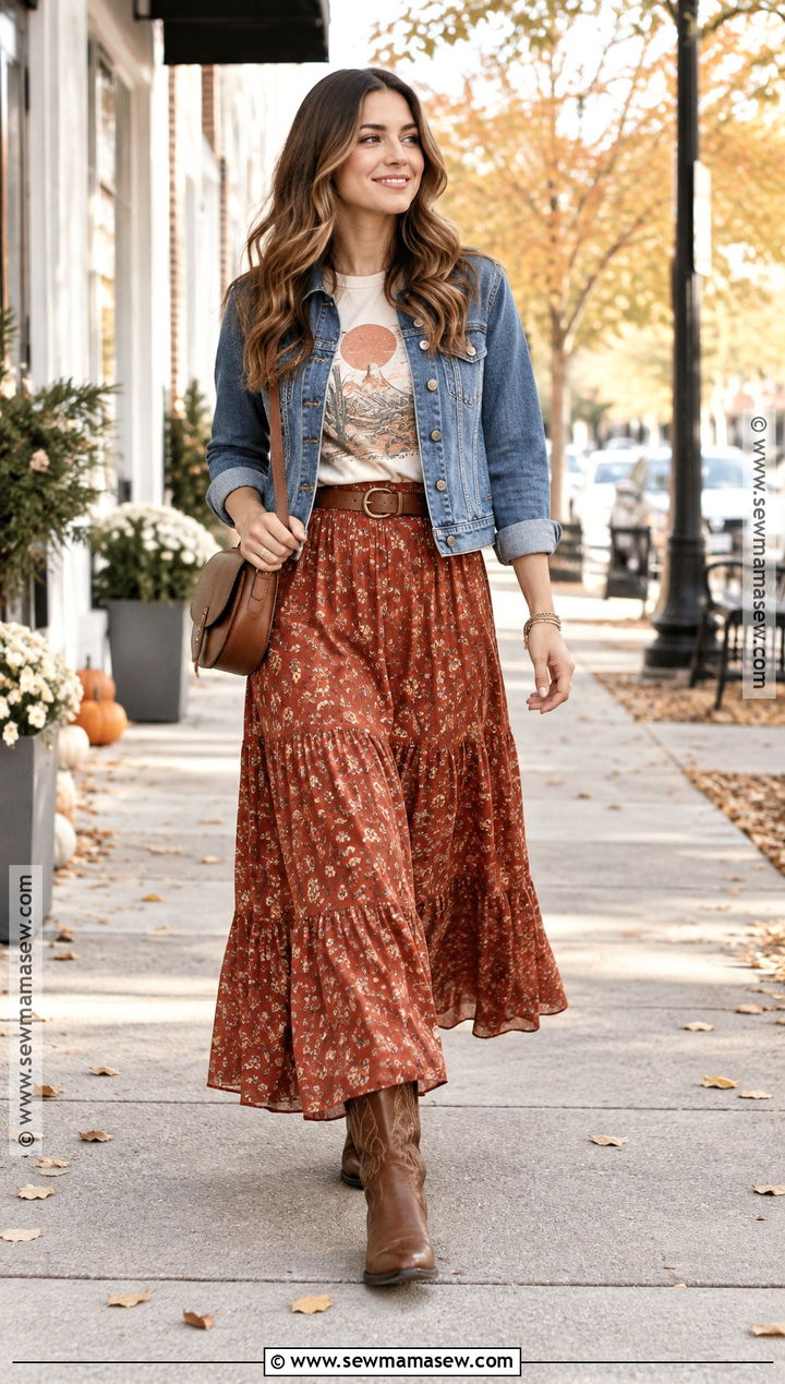 Cowboy Boots With Graphic Tee And Maxi Skirt - 25 fall cowboy boot outfits