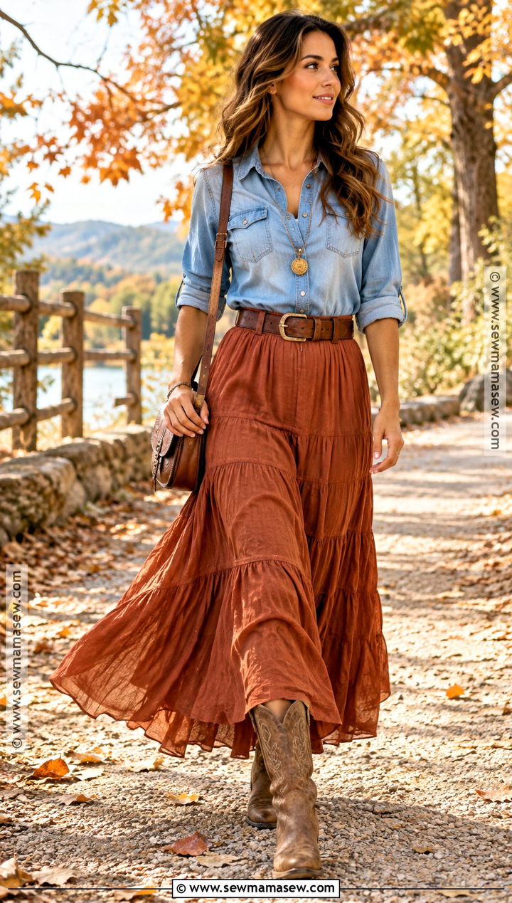 Cowboy Boots With Maxi Skirt And Denim Shirt - 25 fall cowboy boot outfits