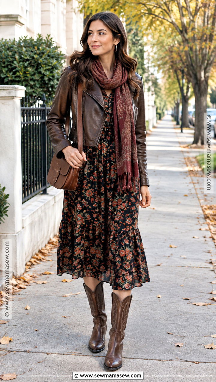 Cowboy Boots With Midi Dress And Leather Jacket - 25 fall cowboy boot outfits