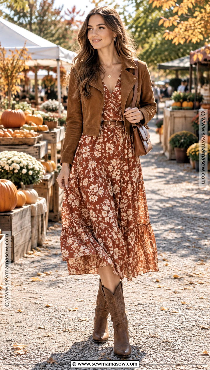 Cowboy Boots With a Floral Midi Dress - 15 fall boots outfit aesthetic