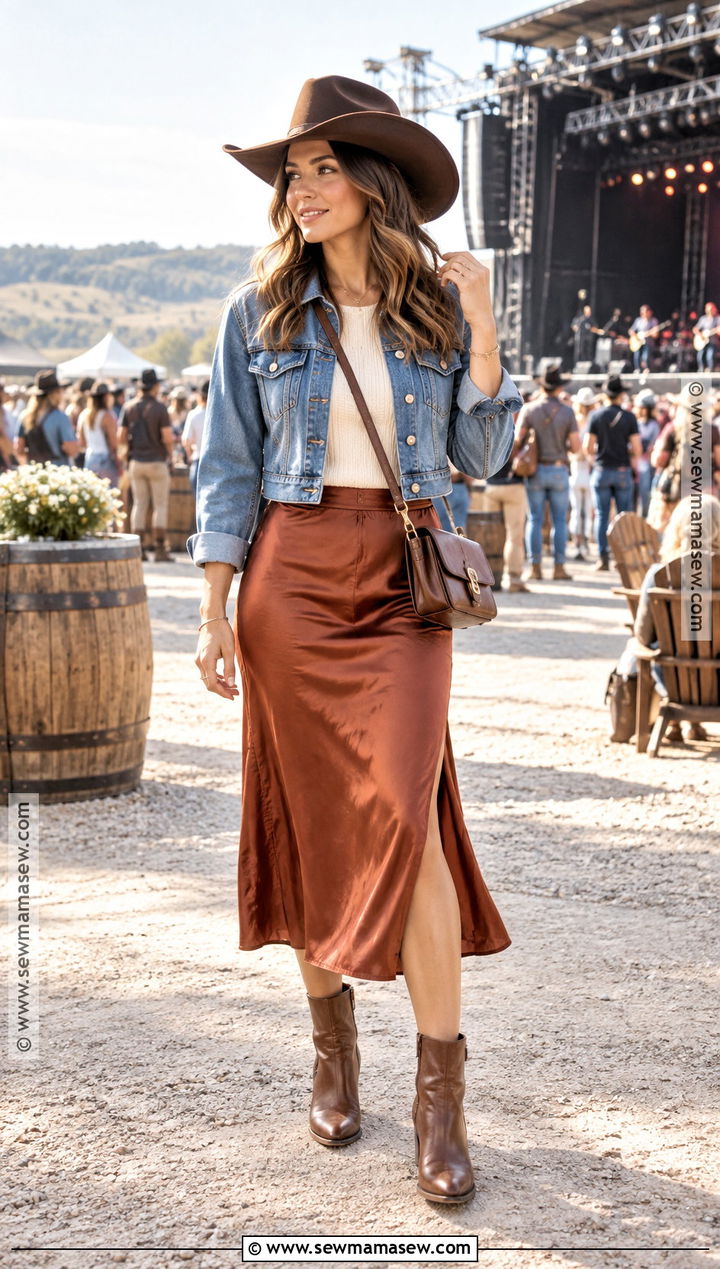 Cowboy Hat With Denim Jacket And Midi Skirt - 20 Fall Hats For Women Outfits