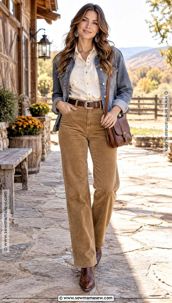 Cowgirl Boots With Corduroy Pants And Western Shirt - 20 cowgirl boots outfit fall