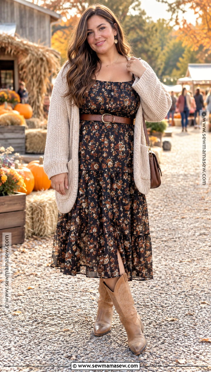 Cowgirl Boots With Floral Midi Dress And Cardigan - 20 cowgirl boots outfit fall