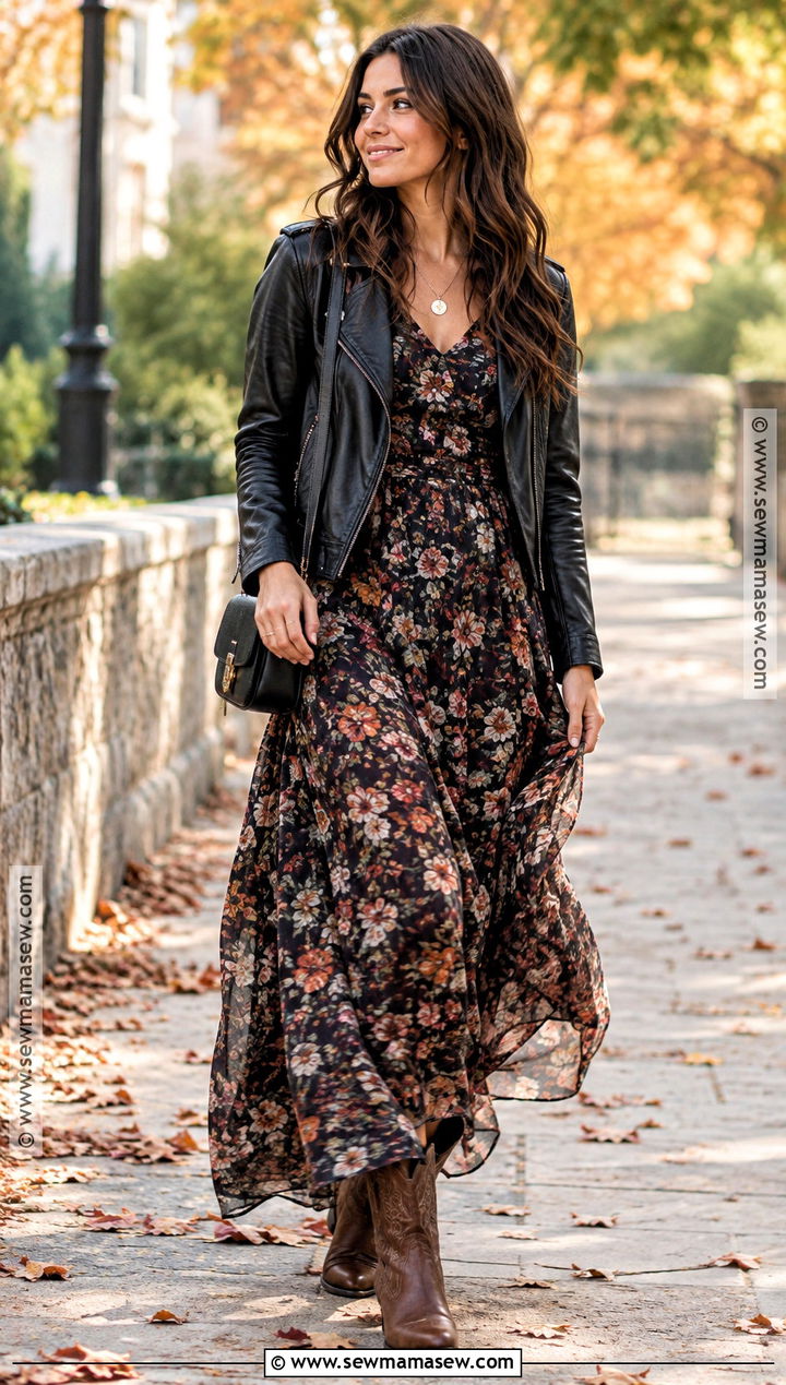 Cowgirl Boots With Maxi Dress And Leather Jacket - 20 cowgirl boots outfit fall