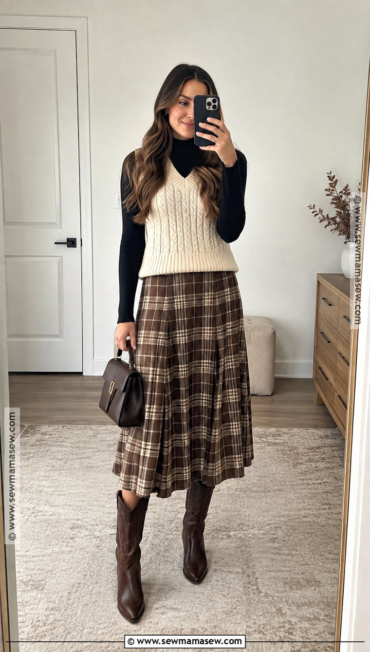 Cowgirl Boots With Plaid Midi Skirt And Sweater Vest - 20 cowgirl boots outfit fall