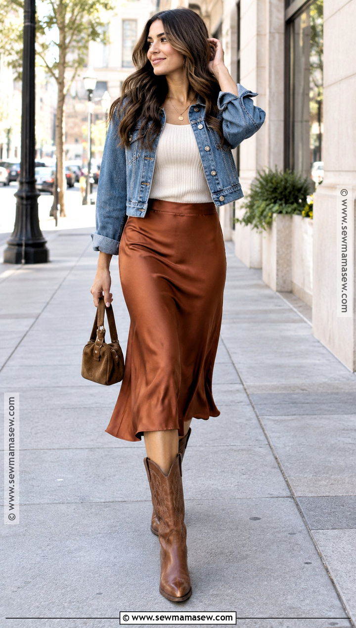 Cowgirl Boots With Satin Skirt And Denim Jacket - 20 cowgirl boots outfit fall