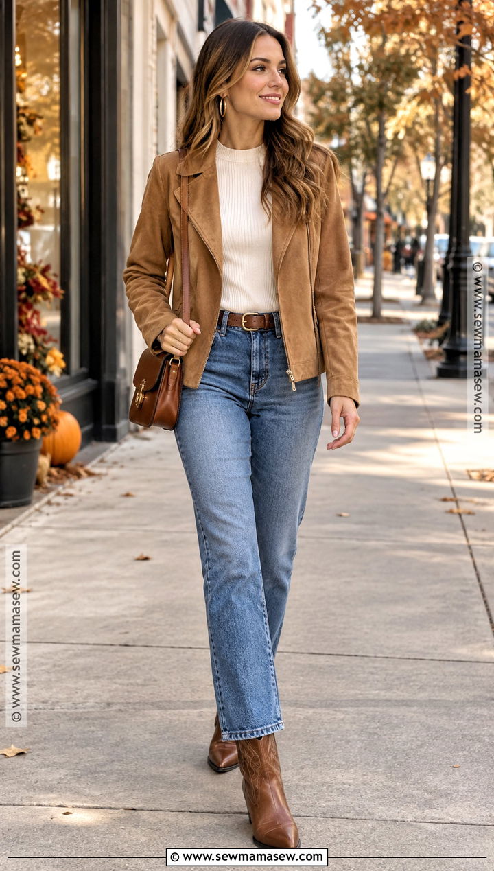 Cowgirl Boots With Straight Leg Jeans And Suede Jacket - 20 cowgirl boots outfit fall