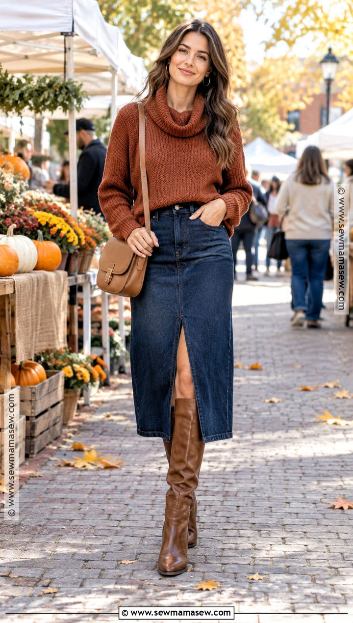 Cowl Neck Sweater With A Denim Midi Skirt - 15 Cowl Neck Sweater Fall Style Ideas