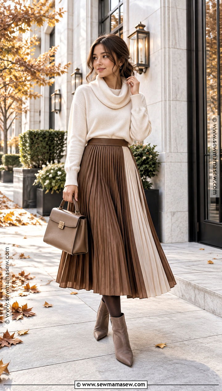 Cowl Neck Sweater With A Pleated Midi Skirt - 15 Cowl Neck Sweater Fall Style Ideas