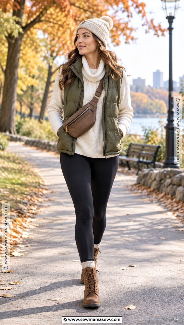 Cowl Neck Sweater With A Puffer Vest And Leggings - 15 Cowl Neck Sweater Fall Style Ideas
