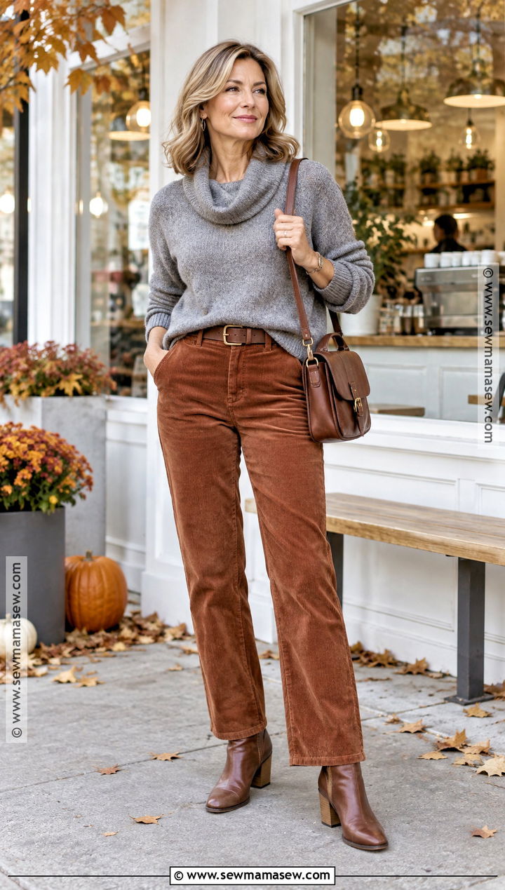 Cowl Neck Sweater With Corduroy Pants - 15 Cowl Neck Sweater Fall Style Ideas
