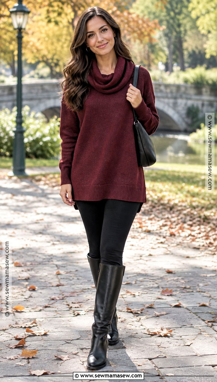 Cowl Neck Sweater With Leggings And Knee High Boots - 15 Cowl Neck Sweater Fall Style Ideas
