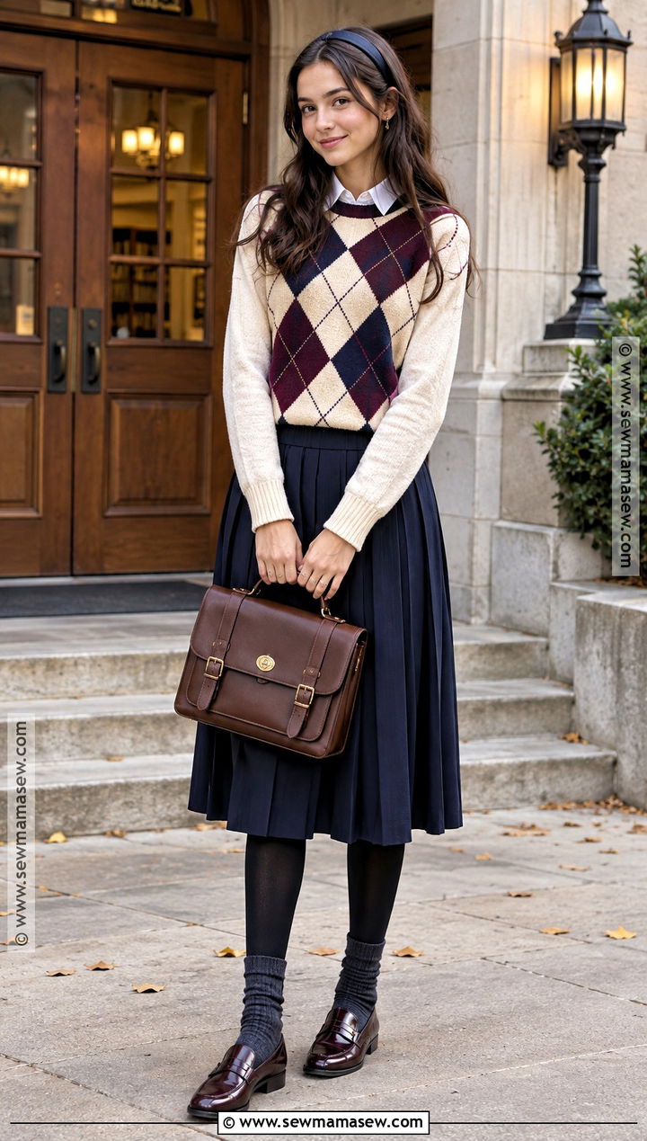 Cozy Autumn Argyle Sweater And Pleated Skirt Outfit - 25 cozy autumn outfits