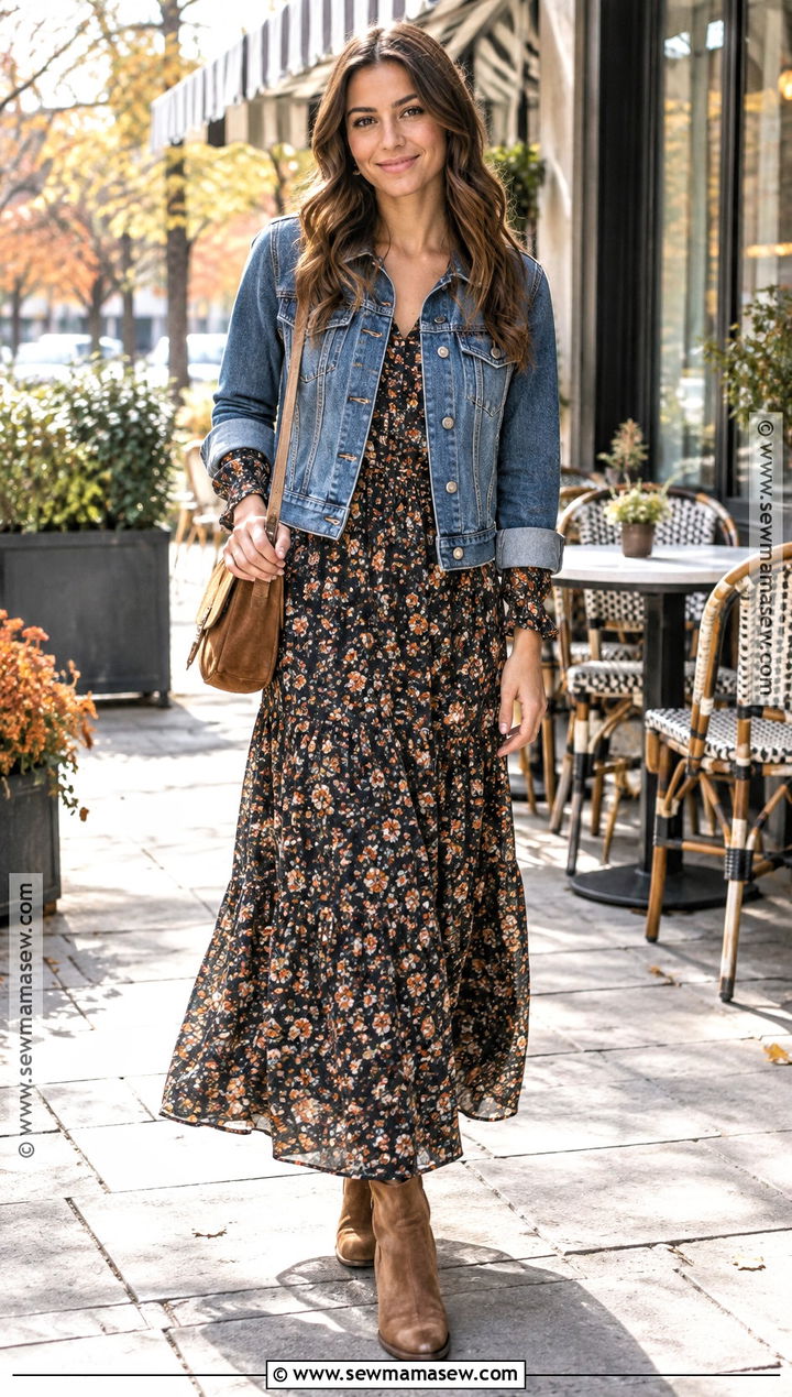 Cozy Autumn Denim Jacket And Maxi Dress Outfit - 15 Cozy Autumn Outfit Inspiration Ideas