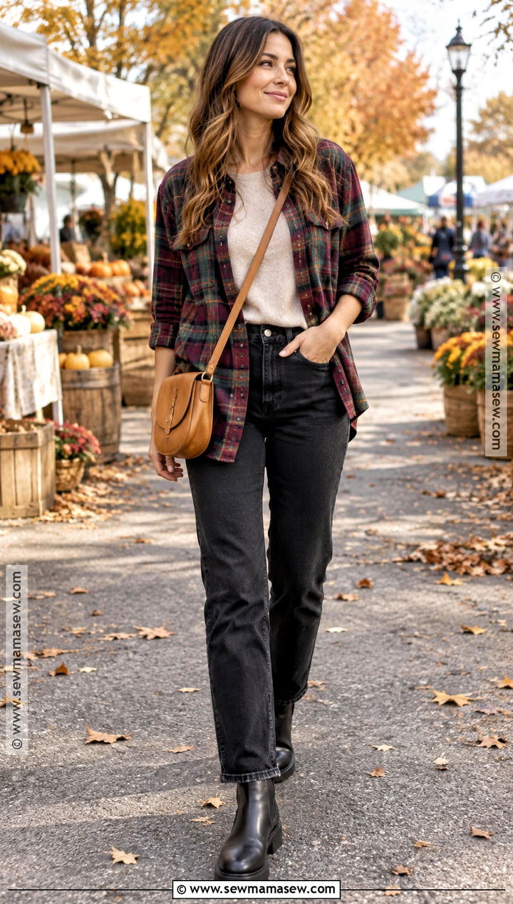 Cozy Autumn Plaid Shirt And Black Jeans Outfit - 15 Cozy Autumn Outfit Inspiration Ideas