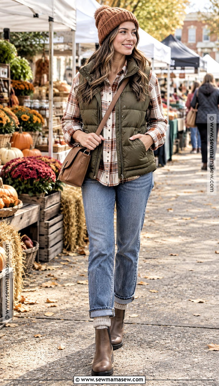 Cozy Autumn Puffer Vest And Flannel Shirt Outfit - 25 cozy autumn outfits