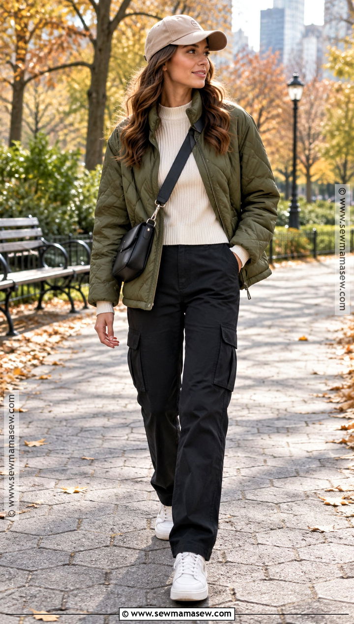 Cozy Autumn Quilted Jacket And Cargo Pants Outfit - 15 Cozy Autumn Outfit Inspiration Ideas