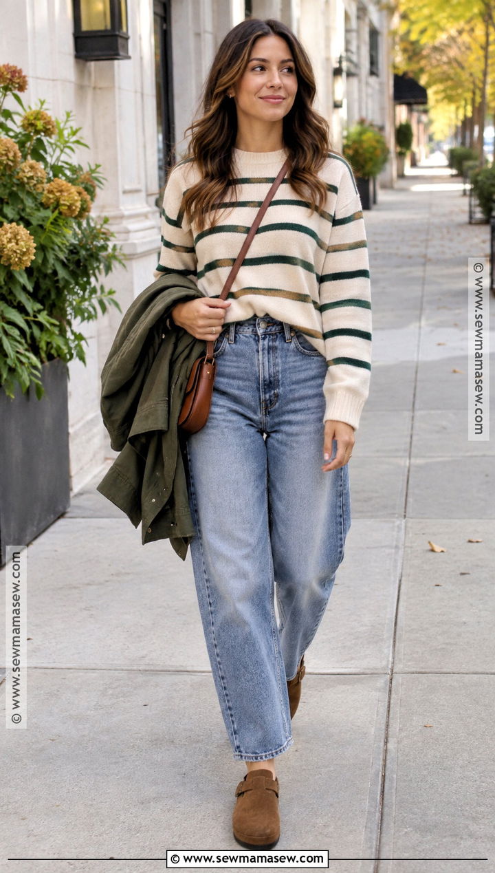 Cozy Autumn Striped Sweater And Barrel Jeans Outfit - 25 cozy autumn outfits