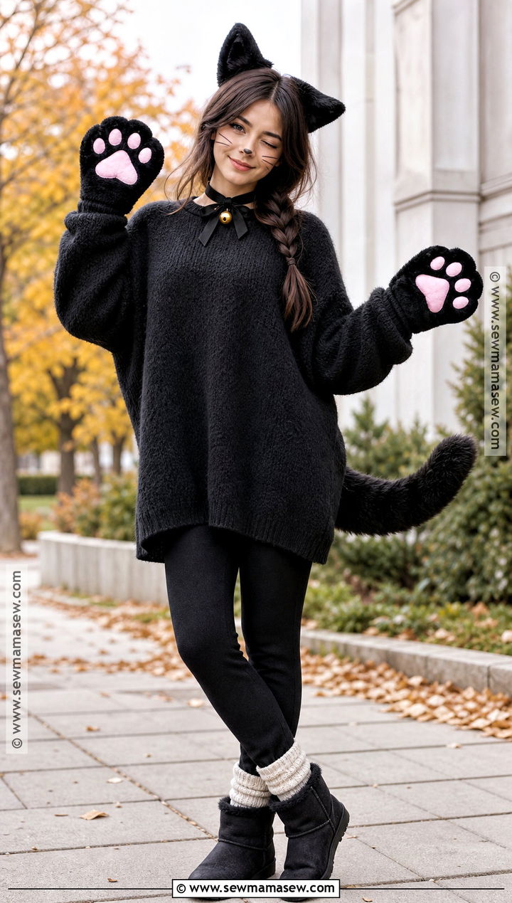Cozy Black Cat Costume With Oversized Sweater - 45 black cat halloween costume ideas