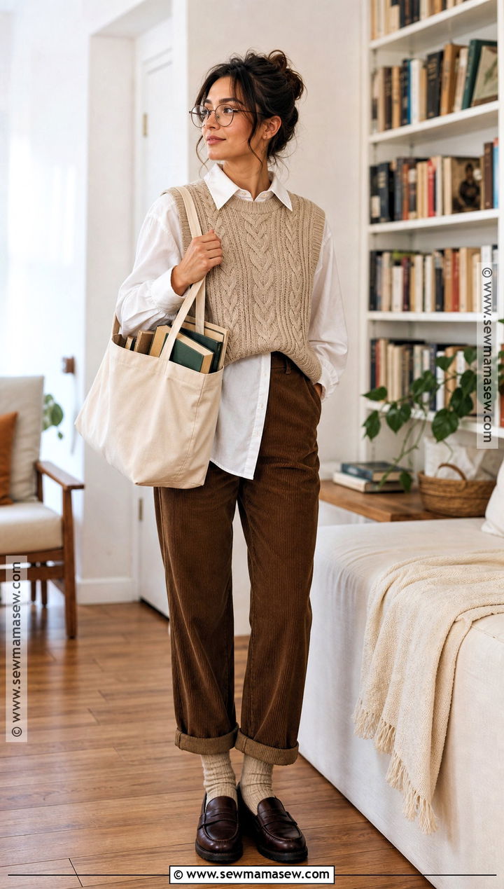 Cozy Librarian Costume With Sweater Vest - 30 librarian costume ideas