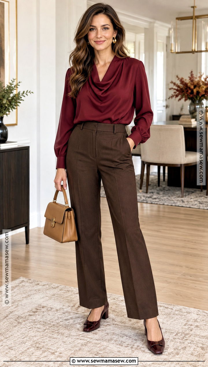 Cranberry Blouse Thanksgiving Outfit With Brown Pants - 25 Thanksgiving Fits