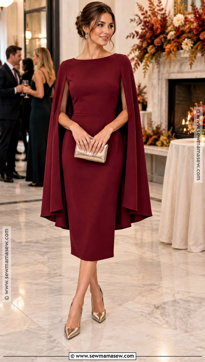 Cranberry Cape Dress Fall Cocktail Outfit - 20 Fall Cocktail Attire Ideas for Women