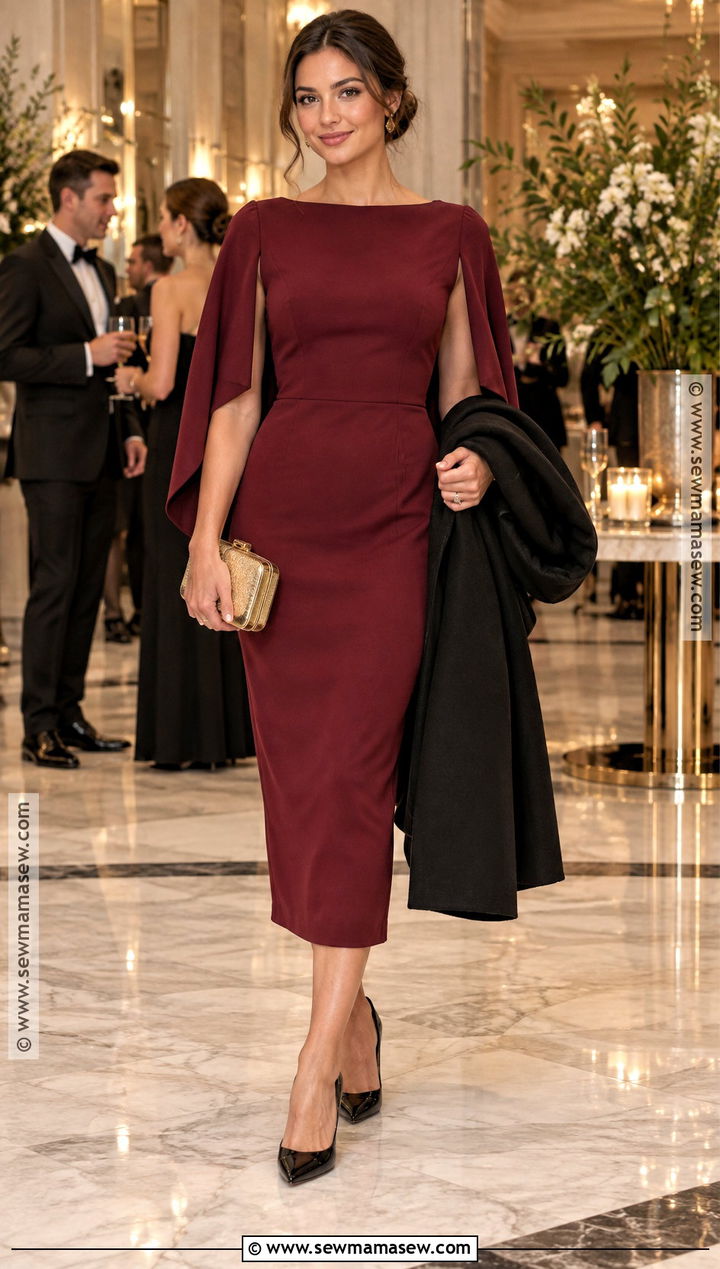 Cranberry Cape Sleeve Cocktail Dress - 25 fall cocktail dress wedding guest ideas