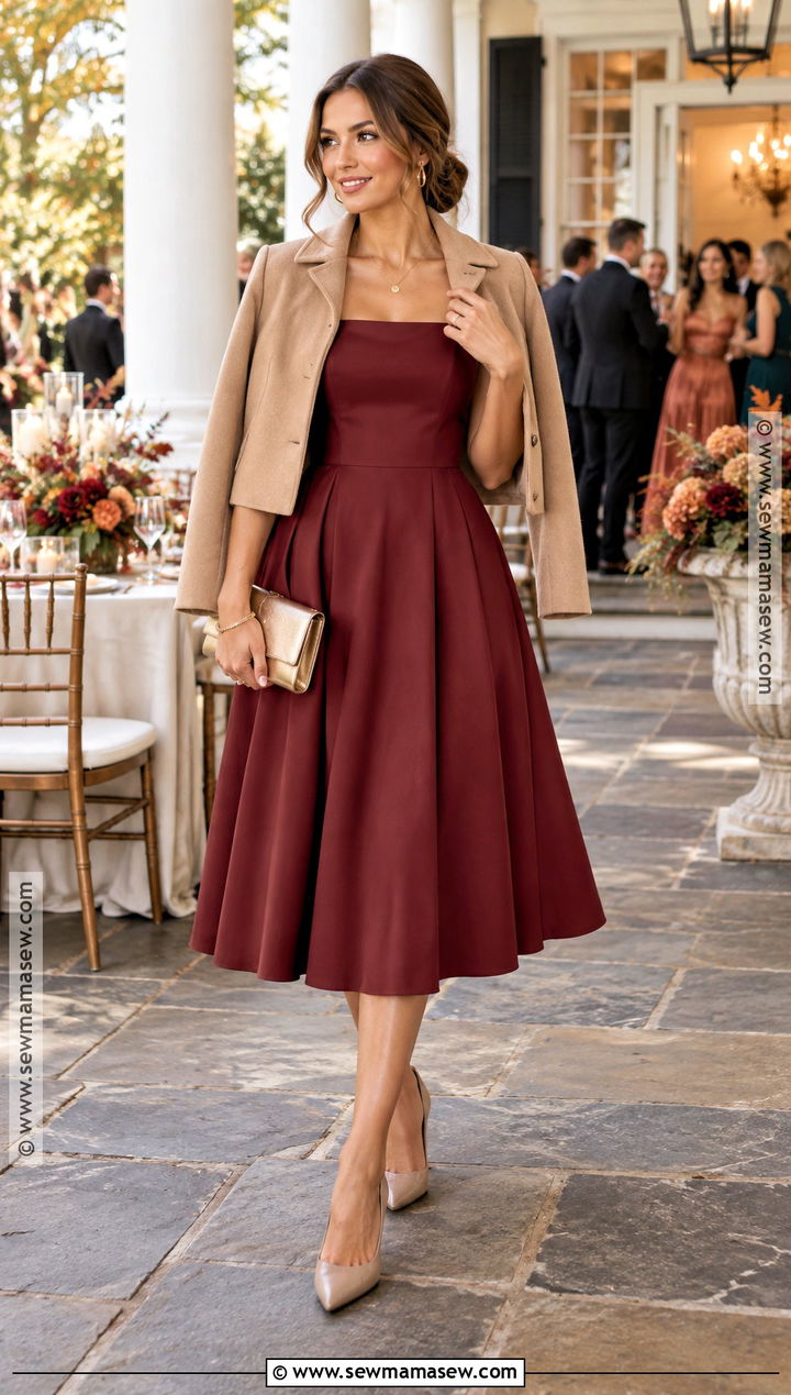 Cranberry Fit And Flare Dress Fall Wedding Guest Outfit - 30 fall wedding guest outfit ideas
