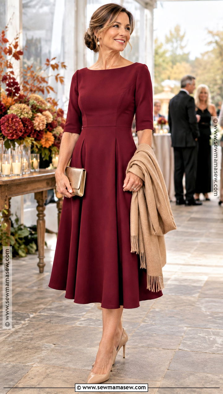 Cranberry Fit And Flare Mother Of The Bride Midi Dress - 20 Mother Of The Bride Dresses Fall Wedding