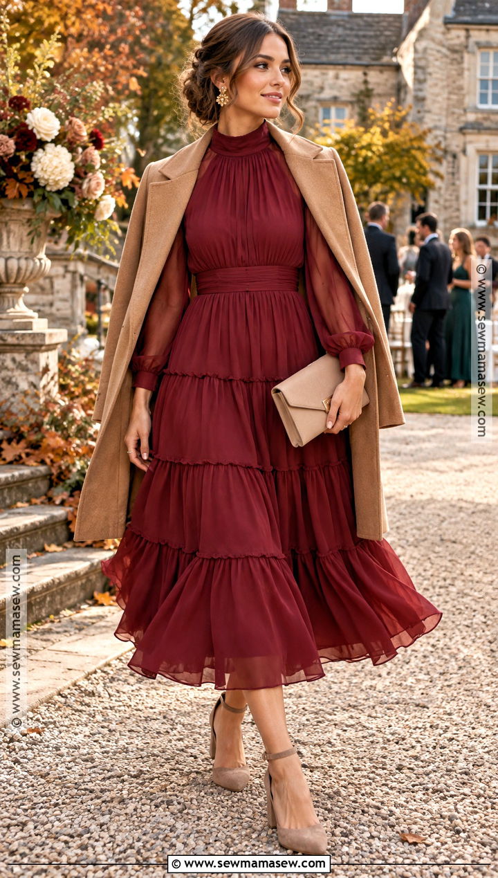 Cranberry High Neck Tiered Midi Dress - 15 fall wedding guest dress high neck ideas