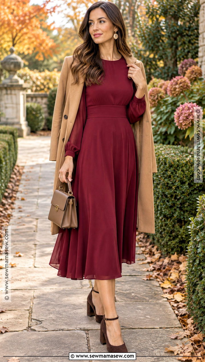 Cranberry Long Sleeve Midi Dress Wedding Guest Outfit - 25 outdoor fall wedding guest outfit ideas