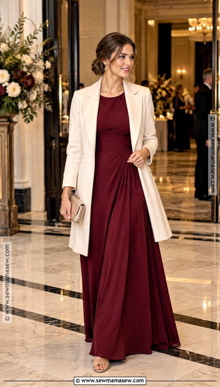 Cranberry Maxi Dress With Nude Heels Fall Wedding Guest Outfit - 15 Fall Family Wedding Outfits Guest