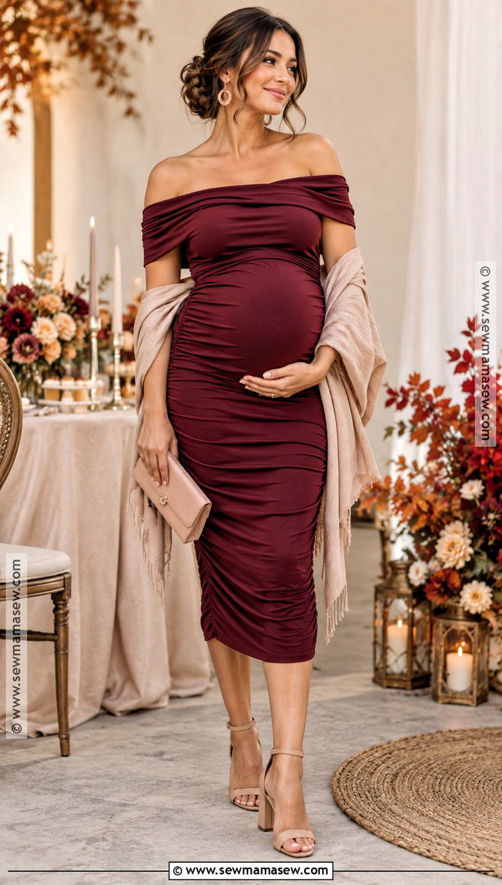 Cranberry Off Shoulder Dress Baby Shower Outfit - 20 October Baby Shower Outfit Ideas for Moms