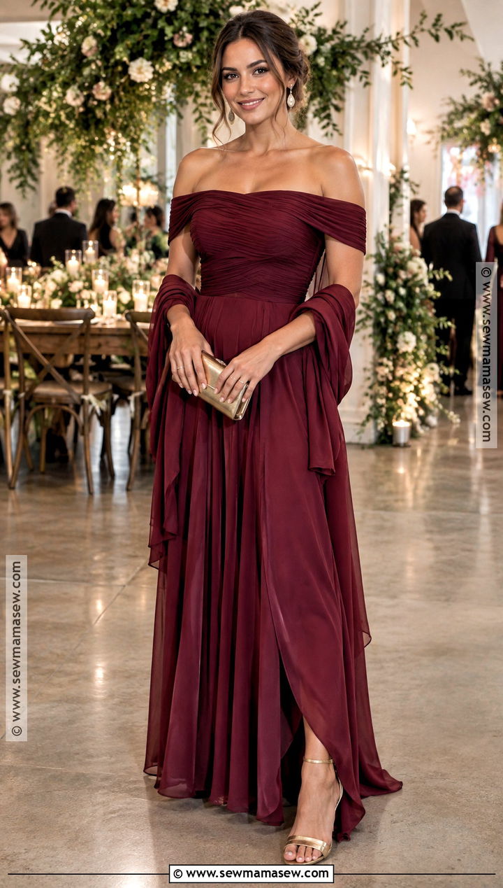 Cranberry Off Shoulder Maxi Dress - 20 wedding thanksgiving dress ideas