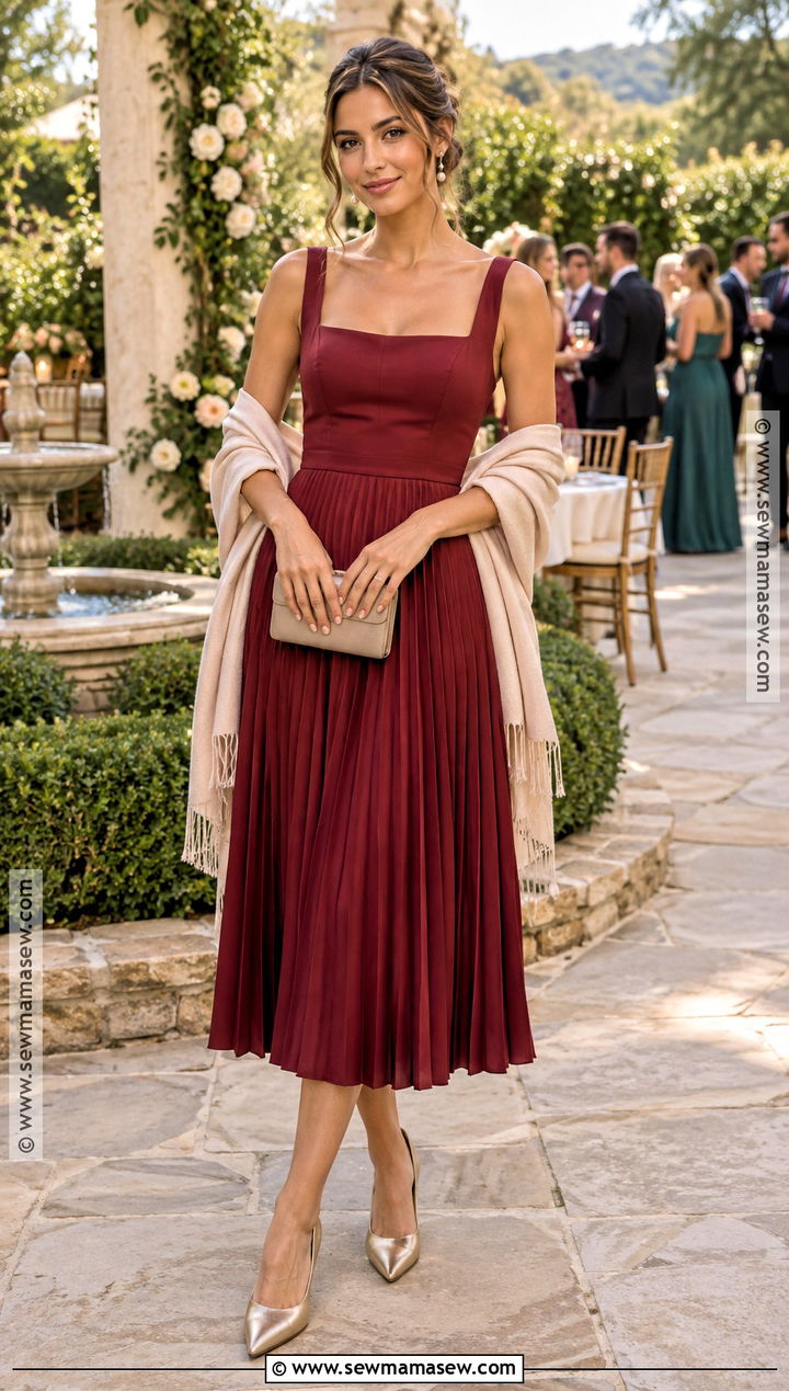 Cranberry Pleated Midi Dress Outfit - 15 Fall Wedding Guest Midi Dress Ideas